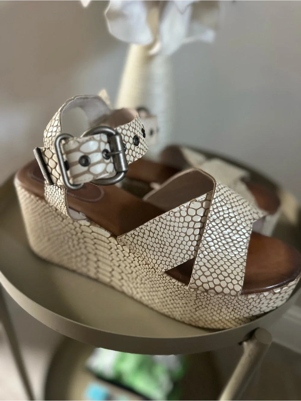 Freebird Cream Snake-Print Platform Sandals with Ankle Buckle